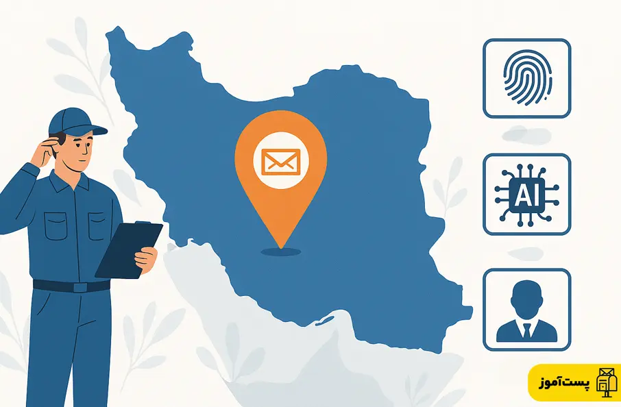 نقشه ایران و نمادهای احراز هویت، GPS و هوش مصنوعی در طرح کد پستی جدید صاپست